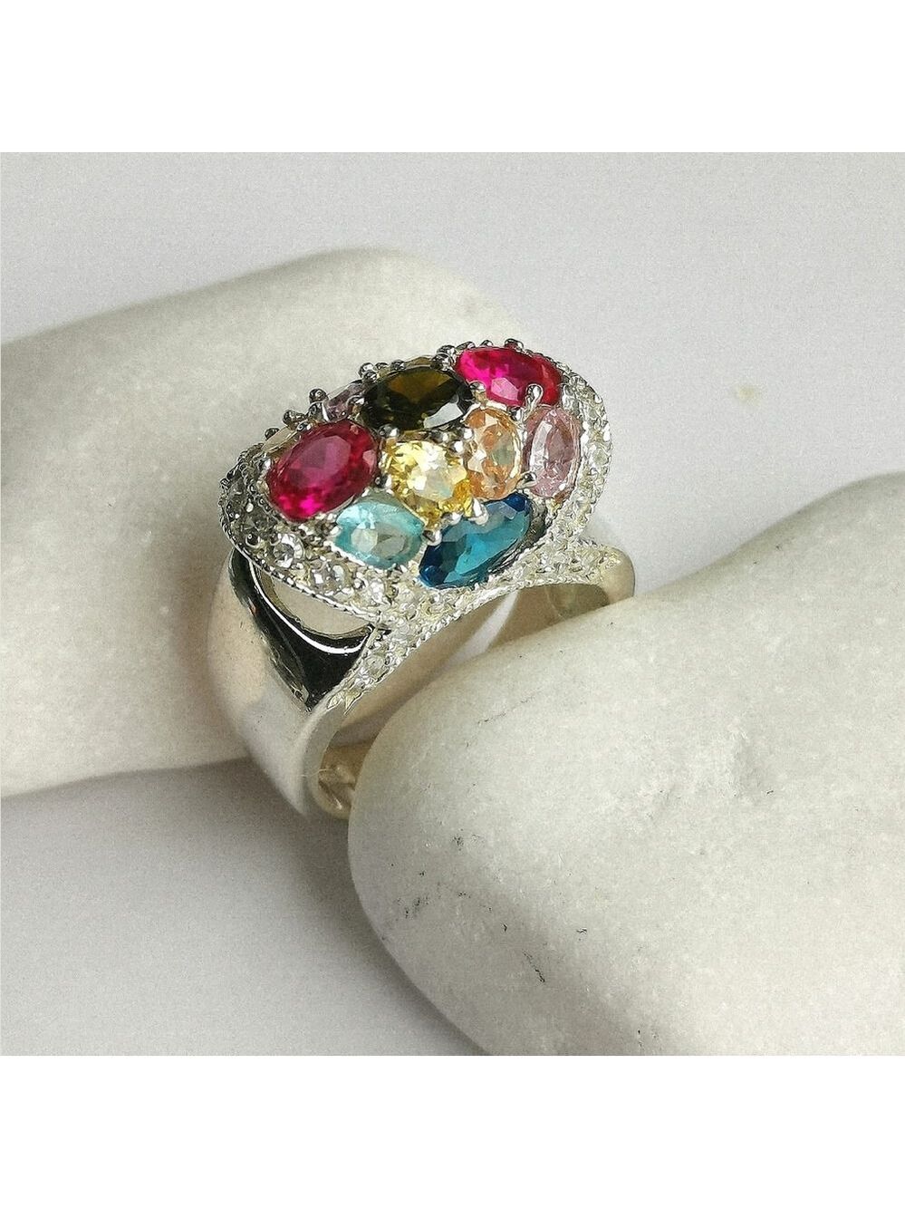 Multi gemstone cz Sterling Silver Ring Size 6 🆕